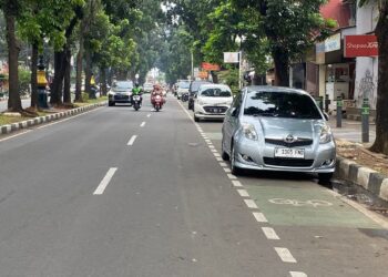 Parkir Liar Serobot Jalur Sepeda di Jalan Ediyoso Menuju Pakansari