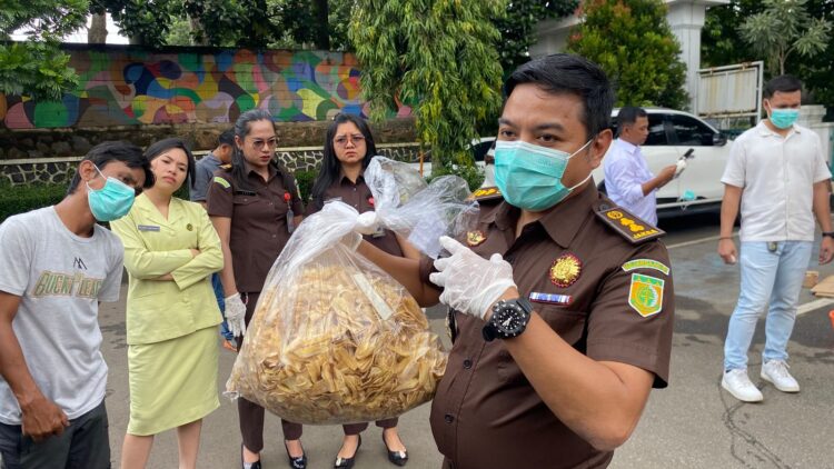 Barang bukti keripik pisang mengandung narkotika saat hendak dimusnahkan oleh Kejari Kabupaten Bogor.