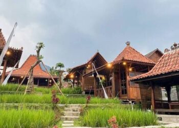 Suasana makan keluarga di tengah sawah asri Sawah Segar Sentul Bogor.